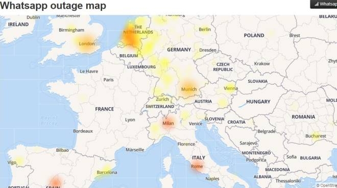 La mappa di downdetector con le aree dove si evidenziano problemi di Whatsapp