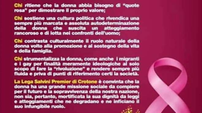 Il volantino della Lega di Crotone sull'8 marzo (Ansa)