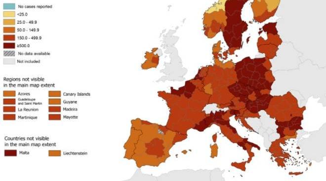 Covid La Nuova Mappa Ue Zona Rosso Scuro Per 7 Regioni In Italia Cronaca Quotidiano Net Puglia Cartina Zone