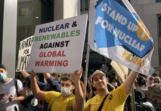 Due manifestanti del comitato «Nucleare e Ragione» al corteo organizzato dal movimento ambientalista Fridays for Future