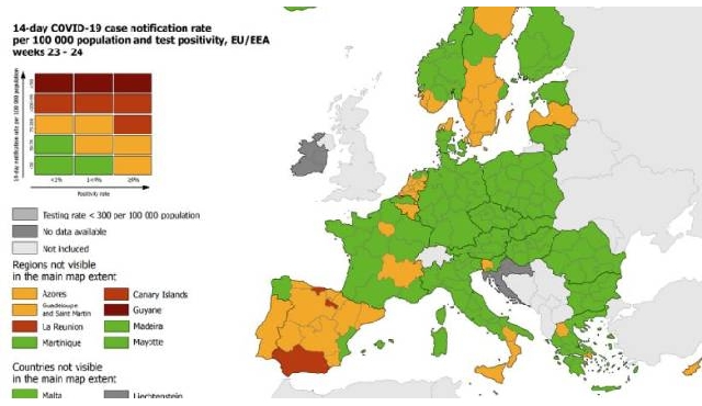 Covid: Italia (ed Europa) verdi nella mappa dell'Ecdc Covid: Italia (ed Europa) verdi nella mappa dell'Ecdc