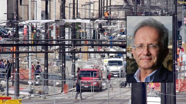 La "foresta" di pali. Nel riquadro, il soprintendente